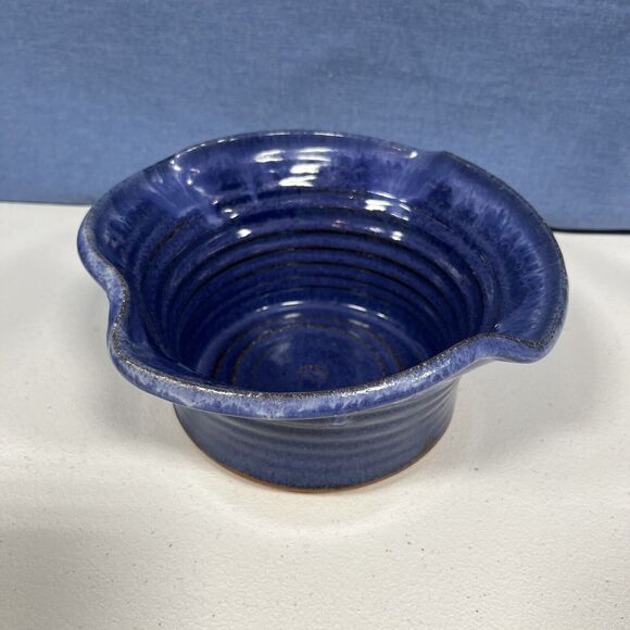 Signed Handmade Pottery Bowl Vase Cobalt Blue Clay bottom Drip Art Studio 8" - Picture 2 of 8